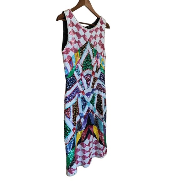 VTG Carina Dress Multicolor Sequin Geometric Sleeveless Mini Sz M Y2K Bodycon - Picture 13 of 16